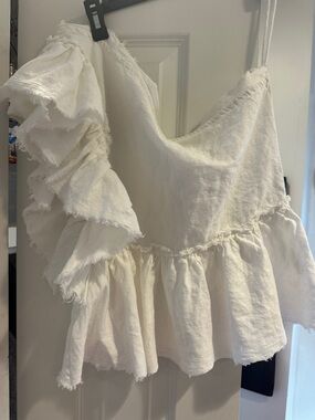 IRO Linen White Ruffled One-Shoulder Peplum Top Sz 40